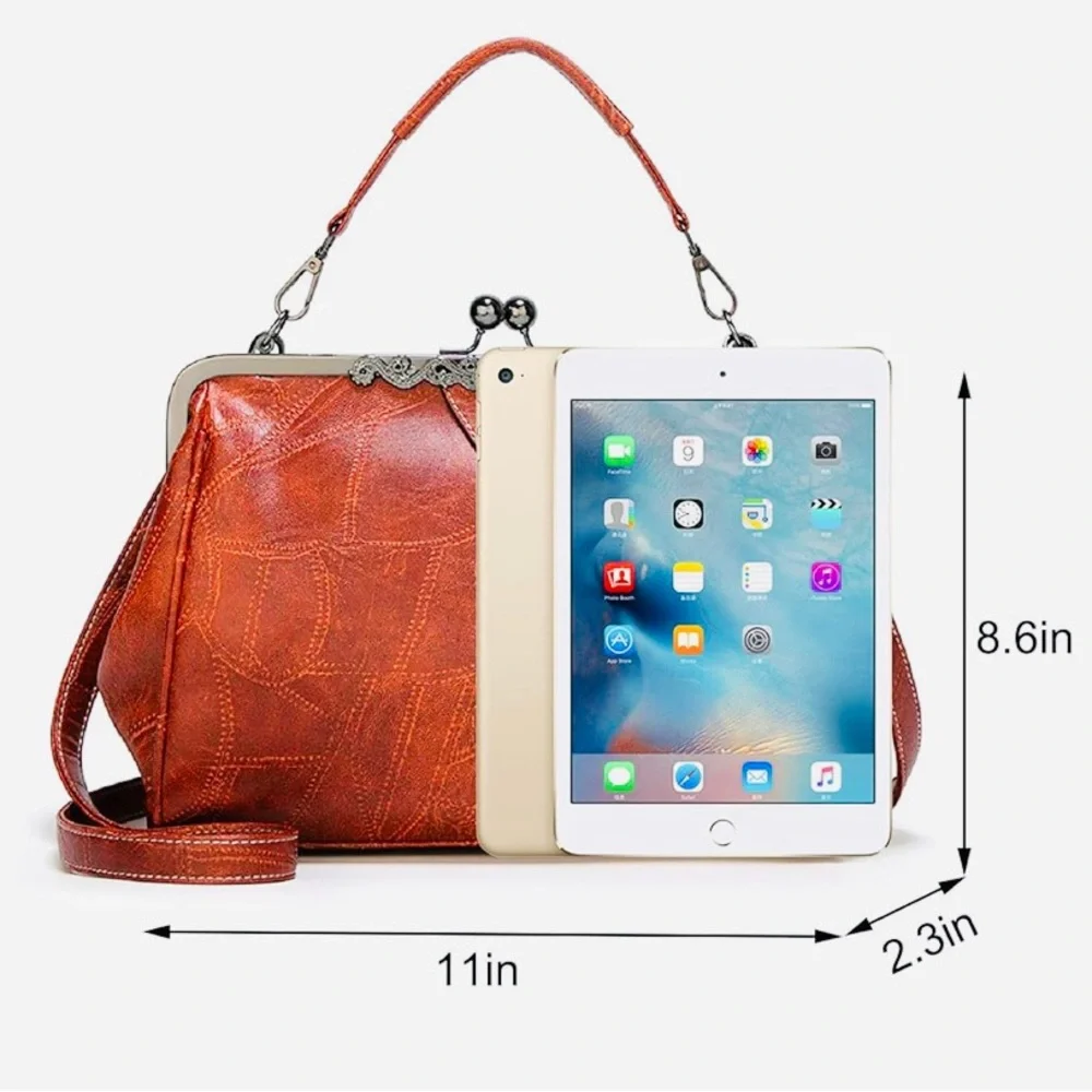 Bykoine Retro Hollow Oil Wax PU Leather Handbag with Kisslock EUC - Picture 3 of 8